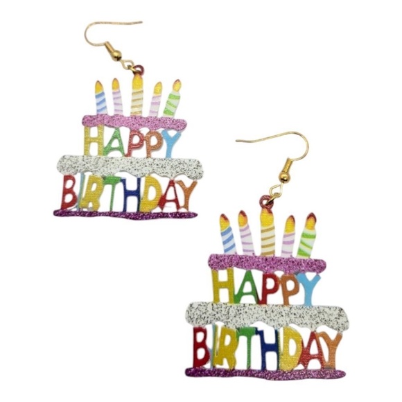 Happy Birthday Earrings Cake Candles Acrylic Dangle Pierced Ears Jewelry Party - Picture 6 of 7